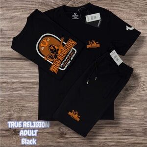 True Religion Black Tee and Shorts Set with Orange Logo